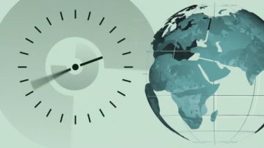 Saatin hızlı hareket ettiği ve dünyanın yeşil arka planda döndüğü animasyon. küresel ağ, zaman ve çevre kavramı dijital olarak oluşturulmuş video.