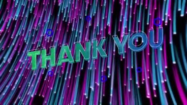 Siyah arkaplanda hareket eden mor ışık izlerine karşı teşekkür metninin dijital animasyonu. bilgisayar arayüzü ve video oyunu kavramı