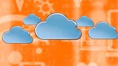 Kablosuz internet ve çevrimiçi simgelerin animasyonu ve turuncu arkaplanda dijital mavi bulutlar. küresel ağ, sosyal medya, bağlantı ve dijital arayüz kavramı dijital olarak oluşturulmuş video.