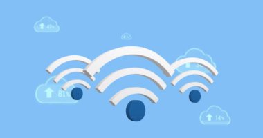 Kablosuz internet simgeleri ve dijital bulutların animasyonu. Mavi arka planda büyüyen ok ve yüzdesi. küresel ağ, sosyal medya, bağlantı ve dijital arayüz kavramı dijital olarak oluşturulmuş video.