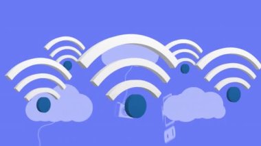 Mavi arka planda elektronik cihazları olan kablosuz simgelerin ve dijital bulutların animasyonu. küresel ağ, sosyal medya, bağlantı ve dijital arayüz kavramı dijital olarak oluşturulmuş video.