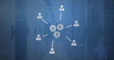 Dijital dalgalar üzerinden boş sunucu odasına karşı dijital simge ağının dijital animasyonu. küresel ağ ve teknoloji kavramı