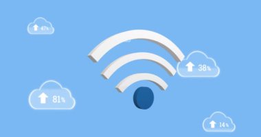 Mavi arka planda büyüyen kablosuz internet simgesi ve dijital bulutların animasyonu. küresel ağ, sosyal medya, bağlantı ve dijital arayüz kavramı dijital olarak oluşturulmuş video.