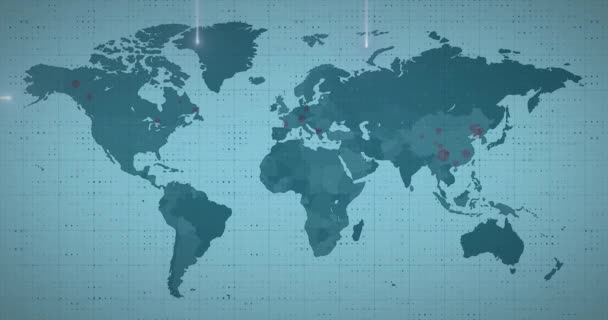 在世界地图上移动的光迹在蓝色背景下变成红色 全球联网和技术概念 — 图库视频影像