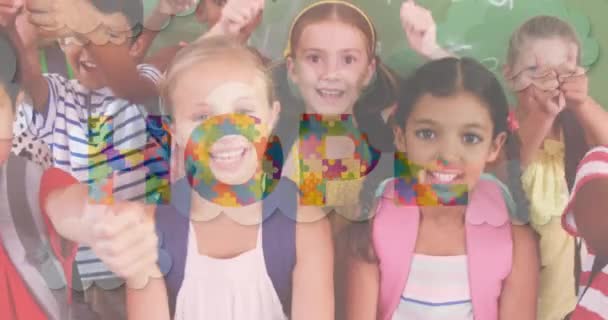 Animatie Van Hoop Tekst Gevormd Met Puzzels Schoolkinderen Juichen Met — Stockvideo