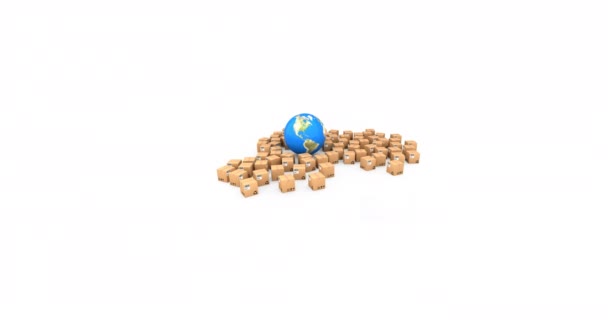 Animation Globe Multiple Cardboard Boxes Moving White Background Global Shipping — Stock Video