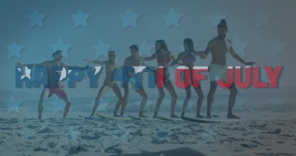 Texto Dia Independência Contra Grupo Amigos Praticando Surf Praia Independência — Vídeo de Stock