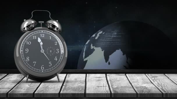 Animación Reloj Despertador Vintage Sobre Procesamiento Datos Globo Red Global — Vídeos de Stock