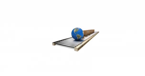 Animation Globe Cardboard Boxes Moving Conveyor Belt White Background Global — Stock Video