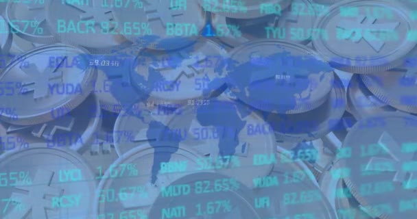 Animación Del Procesamiento Datos Financieros Través Mapas Mundiales Monedas Yen — Vídeos de Stock