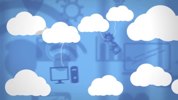 Animáció Online Ikonok Digitális Felhők Elektronikus Eszközök Kék Háttér Globális — Stock videók