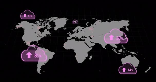 Múltiplos Ícones Nuvem Com Porcentagem Crescente Contra Mapa Mundo Fundo — Vídeo de Stock