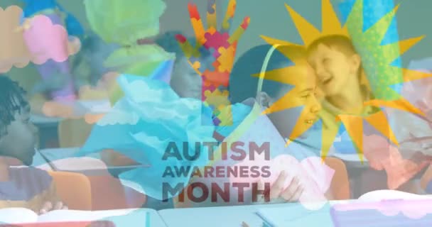 Animation Autism Awareness Month Text Hand Formed Puzzles Happy Schoolchildren — Stock Video