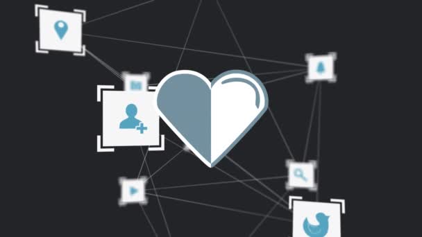 Digital Animation Heart Icon Network Connection Icons Black Background Global — Stock Video