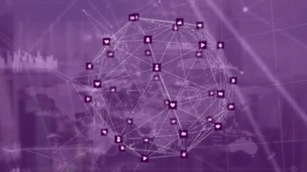 Animação Globo Rede Conexões Com Ícones Sobre Mapa Mundo Fundo — Vídeo de Stock