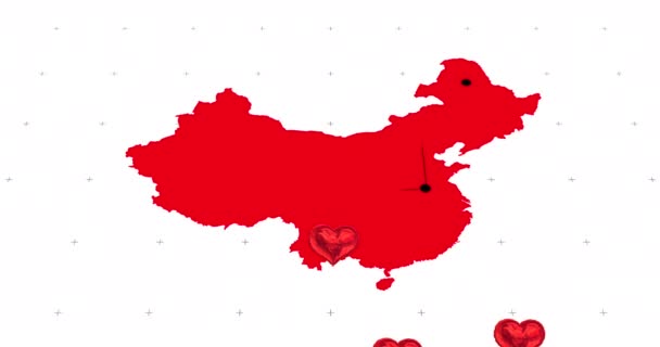 Πολλαπλά Μπαλόνια Σχήμα Καρδιάς Που Επιπλέουν Στον Παγκόσμιο Χάρτη Λευκό — Αρχείο Βίντεο