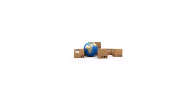 白い背景に動く地球と段ボール箱のアニメーション グローバル配送 オンラインショッピングのコンセプトをデジタルで生成したビデオ — ストック動画