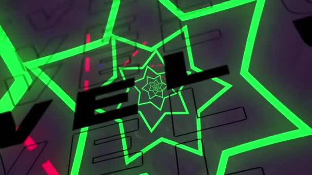 Animação Digital Neon Verde Estrela Formas Girando Contra Nível Texto — Vídeo de Stock