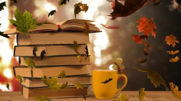 Animation Stack Books Autumn Leaves Falling Glowing Lights Education Reading — Stock Video