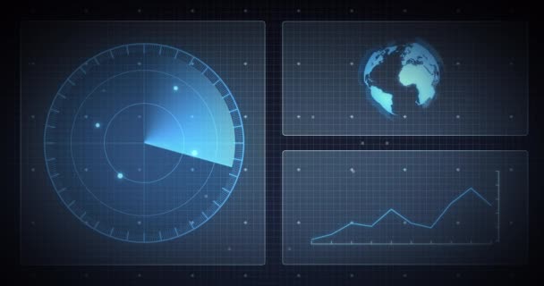 Animatie Van Scope Scanning Globe Data Processing Schermen Grid Digitale — Stockvideo