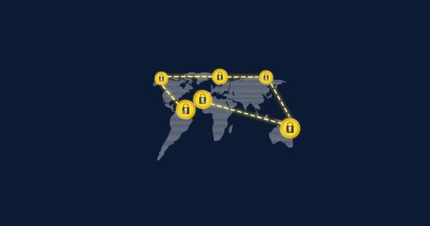 青い背景に世界地図上の黄色の南京錠のアイコンを持つネットワークのアニメーション 世界中の旅行や制限や接続の概念をデジタルで生成し — ストック動画