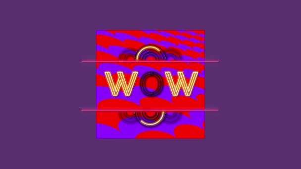 Digitale Animatie Van Neon Wow Tekst Rode Banner Tegen Paarse — Stockvideo