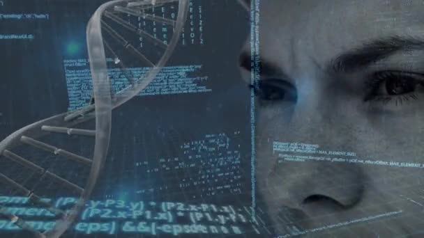 Animation Dna Strand Spinning Data Processing Woman Face Global Medicine — Stock Video