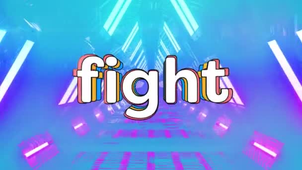 Digital Animation Fight Text Glowing Tunnel Blue Background Computer Interface — Stock Video