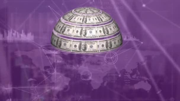 Animation Globe Formed American Dollar Bills Network Connections Purple Global — Stock Video