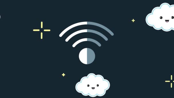 Animación Icono Wifi Nubes Digitales Con Caras Sobre Fondo Azul — Vídeos de Stock