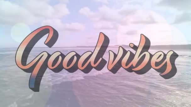 Animation Words Good Vibes Written Pink Letters Cloudy Blue Sky — Stock Video