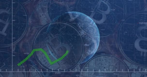 Animación Procesamiento Línea Verde Globo Sobre Bitcoins Finanzas Negocios Globales — Vídeo de stock