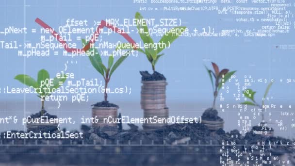 Animação Processamento Dados Financeiros Com Linha Vermelha Sobre Planta Pilhas — Vídeo de Stock