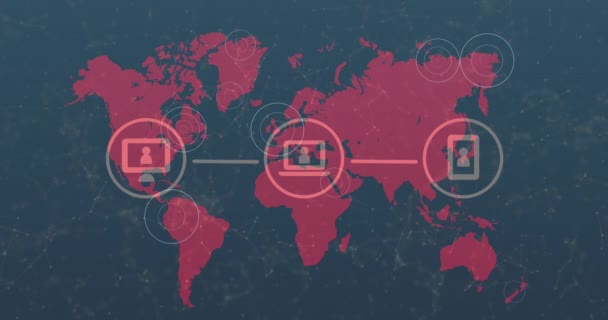 Red Iconos Digitales Sobre Círculos Pulsantes Mapa Del Mundo Sobre — Vídeo de stock