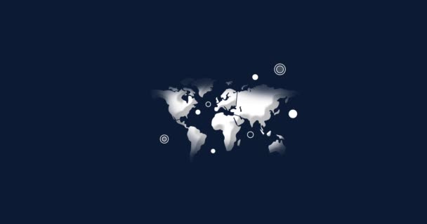 Animazione Punti Posizione Bianchi Mappa Del Mondo Sfondo Blu Concetto — Video Stock