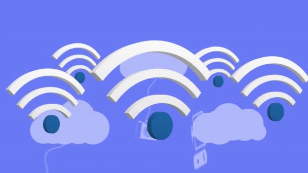 Animation Wifi Icons Digital Clouds Electronic Devices Blue Background Global — Stock Video