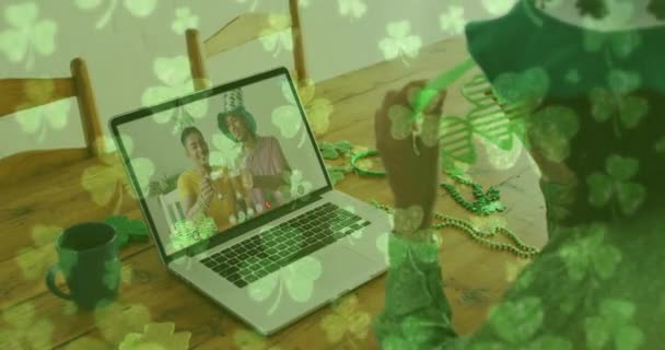 Clover Leaves Falling Woman Wearing Shamrock Glasses While Having Video — Stock Video
