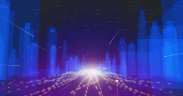 Işık Yolları Mavi Arka Planda Şehir Modelinin Üzerinde Hareket Ediyor — Stok video