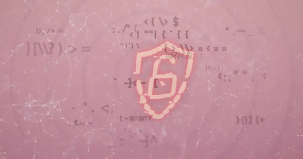 Сеть Соединений Изменение Символов Против Значка Замка Безопасности Розовом Фоне — стоковое видео