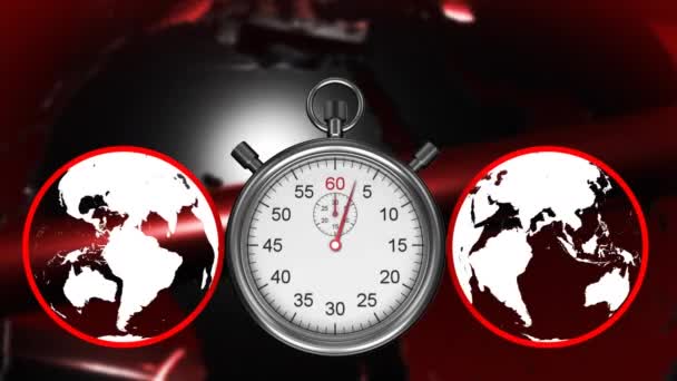 Animazione Stop Watch Ticchettio Con Globi Che Girano Sfondo Rosso — Video Stock