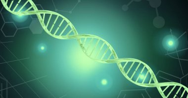 DNA yapısı ve kimyasal yapılar yeşil arkaplandaki ışık noktalarıyla karşılaştırılıyor. tıbbi araştırma ve teknoloji konsepti