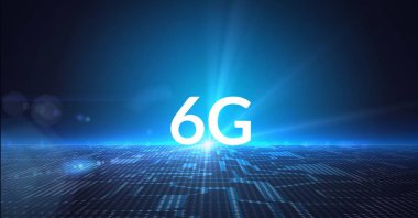 Mavi arkaplanlı mikro işlemci bağlantıları üzerinde 6g sözcüğünün bileşimi. küresel teknoloji, dijital arayüz, bağlantı ve iletişim konsepti dijital olarak oluşturulmuş görüntü