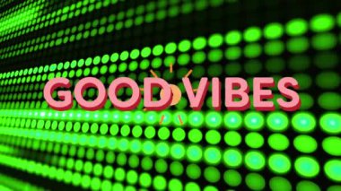 İyi titreşimlerin dijital animasyonu siyah arkaplandaki yeşil ışık noktalarıyla karşılaştırılıyor. bilgisayar arayüzü ve video oyunu kavramı