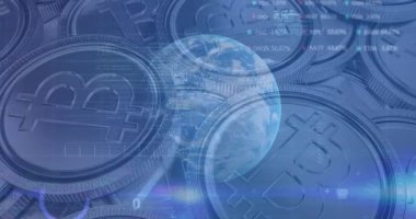 Bitcoins ve globe üzerinden finansal veri işleme animasyonu. küresel finans ve iş dünyası, dijital olarak oluşturulan bağlantı konsepti.