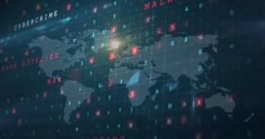 Güvenlik kalkanı simgesi ve siber güvenlik veri işlemesi mavi arka planda dünya haritasına karşı. siber güvenlik ve teknoloji kavramı