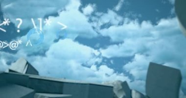 Kırık para sembolünün üzerinde mavi gökyüzüne karşı birden fazla kabarcık yüzüyor ve simgeler değişiyor. küresel finans ve ekonomi kavramı