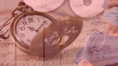 Yüz maskeli kadın doktor üzerinde kırmızı çizgiler olan finansal verilerin animasyonu. küresel covid 19 salgın, ilaç, finans ve dijital olarak üretilen iş konsepti