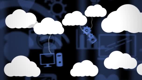 Анімація Онлайн Іконок Цифрових Хмар Електронними Пристроями Синьому Фоні Глобальні — стокове відео