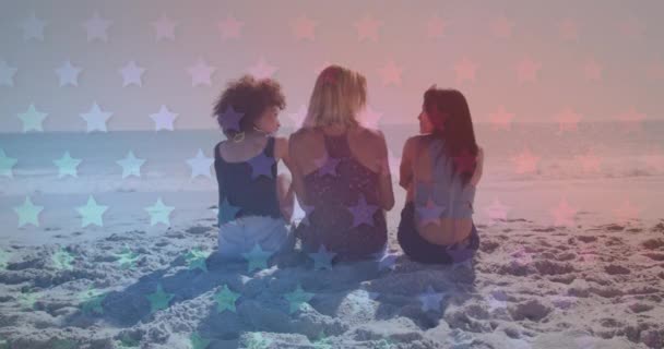 Multiple Blinking Stars Group Friends Walking Together Beach American Independence — Stock Video