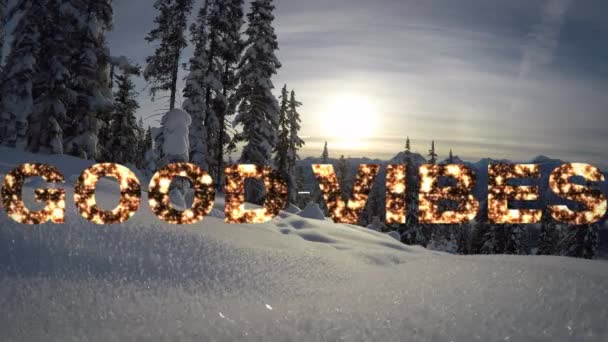 在阳光灿烂的雪地覆盖的森林里 用金字书写的动听的文字充满了美好的活力 正面的感觉 自然和幸福的概念 数码制作的视频 — 图库视频影像